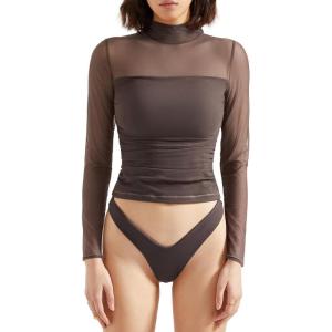 imageSUUKSESS Women Double Line Mesh Sheer Crop Tank Tops Mock Neck Long Sleeve ShirtsMocha