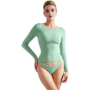 imageSUUKSESS Women Double Lined Fitted Basic T Shirts Crew Neck Long Sleeve Crop TopAqua