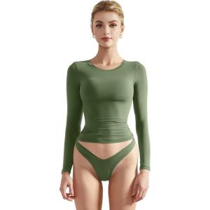 imageSUUKSESS Women Double Lined Fitted Basic T Shirts Crew Neck Long Sleeve Crop TopArmy Green