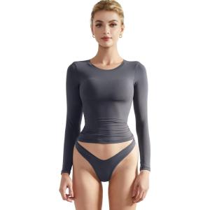 imageSUUKSESS Women Double Lined Fitted Basic T Shirts Crew Neck Long Sleeve Crop TopAsh