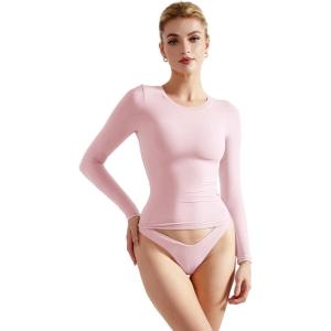 imageSUUKSESS Women Double Lined Fitted Basic T Shirts Crew Neck Long Sleeve Crop TopBlush