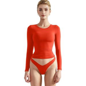 imageSUUKSESS Women Double Lined Fitted Basic T Shirts Crew Neck Long Sleeve Crop TopDream Red