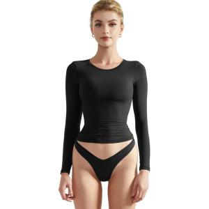 imageSUUKSESS Women Double Lined Fitted Basic T Shirts Crew Neck Long Sleeve Crop TopJet Black