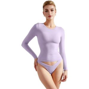 imageSUUKSESS Women Double Lined Fitted Basic T Shirts Crew Neck Long Sleeve Crop TopLilac