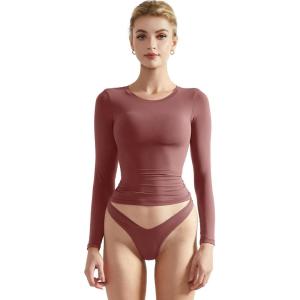 imageSUUKSESS Women Double Lined Fitted Basic T Shirts Crew Neck Long Sleeve Crop TopMarsala