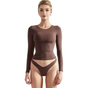 imageSUUKSESS Women Double Lined Fitted Basic T Shirts Crew Neck Long Sleeve Crop TopMocha