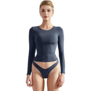 imageSUUKSESS Women Double Lined Fitted Basic T Shirts Crew Neck Long Sleeve Crop TopNavy