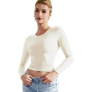 imageSUUKSESS Women Double Lined Fitted Basic T Shirts Crew Neck Long Sleeve Crop TopPearl