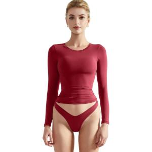 imageSUUKSESS Women Double Lined Fitted Basic T Shirts Crew Neck Long Sleeve Crop TopWine Red