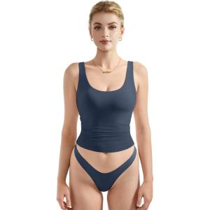 imageSUUKSESS Women Scoop Neck Tank Top Summer Sleeveless Going Out Double Lined Basic Tops01 Navy Blue