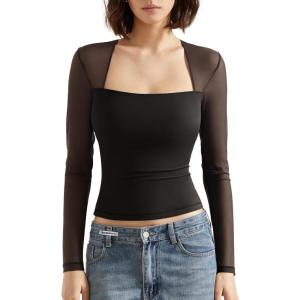 imageSUUKSESS Women Sexy Mesh Long Sleeve Tops Trendy Square Neck Going Out T ShirtsBlack