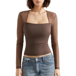 imageSUUKSESS Women Sexy Mesh Long Sleeve Tops Trendy Square Neck Going Out T ShirtsBrown