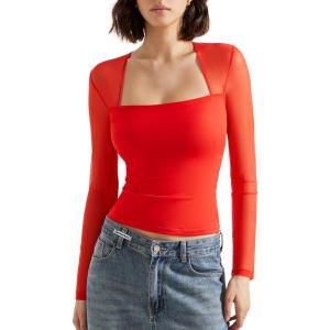 imageSUUKSESS Women Sexy Mesh Long Sleeve Tops Trendy Square Neck Going Out T ShirtsRed