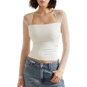 imageSUUKSESS Women Sexy Mesh Long Sleeve Tops Trendy Square Neck Going Out T ShirtsWhite