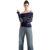 imageSUUKSESS Women Off Shoulder Sweaters Long Sleeve Ribbed Knit Going Out Fall Tops BlouseBlue White