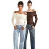 imageSUUKSESS Women Off Shoulder Sweaters Long Sleeve Ribbed Knit Going Out Fall Tops BlouseCream White