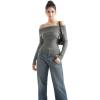 imageSUUKSESS Women Off Shoulder Sweaters Long Sleeve Ribbed Knit Going Out Fall Tops BlouseHemp Gray