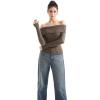 imageSUUKSESS Women Off Shoulder Sweaters Long Sleeve Ribbed Knit Going Out Fall Tops BlouseKhaki