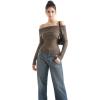 imageSUUKSESS Women Off Shoulder Sweaters Long Sleeve Ribbed Knit Going Out Fall Tops BlouseKhaki
