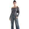 imageSUUKSESS Women Off Shoulder Sweaters Long Sleeve Ribbed Knit Going Out Fall Tops BlouseMid Grey