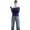 imageSUUKSESS Women Off Shoulder Sweaters Long Sleeve Ribbed Knit Going Out Fall Tops BlouseNavy Blue