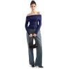 imageSUUKSESS Women Off Shoulder Sweaters Long Sleeve Ribbed Knit Going Out Fall Tops BlouseNavy Blue