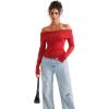 imageSUUKSESS Women Off Shoulder Sweaters Long Sleeve Ribbed Knit Going Out Fall Tops BlouseRed Brown
