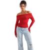 imageSUUKSESS Women Off Shoulder Sweaters Long Sleeve Ribbed Knit Going Out Fall Tops BlouseRed Brown