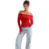 imageSUUKSESS Women Off Shoulder Sweaters Long Sleeve Ribbed Knit Going Out Fall Tops BlouseRed Brown