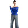 imageSUUKSESS Women Off Shoulder Sweaters Long Sleeve Ribbed Knit Going Out Fall Tops BlouseSapphire