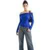 imageSUUKSESS Women Off Shoulder Sweaters Long Sleeve Ribbed Knit Going Out Fall Tops BlouseSapphire