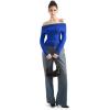 imageSUUKSESS Women Off Shoulder Sweaters Long Sleeve Ribbed Knit Going Out Fall Tops BlouseSapphire