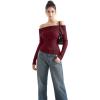 imageSUUKSESS Women Off Shoulder Sweaters Long Sleeve Ribbed Knit Going Out Fall Tops BlouseWine Red