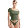imageSUUKSESS Women One Off The Shoulder Summer Tank Tops Ruched Short Sleeve Shirts1 Army Green