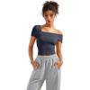 imageSUUKSESS Women One Off The Shoulder Summer Tank Tops Ruched Short Sleeve Shirts1 Ash