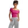 imageSUUKSESS Women One Off The Shoulder Summer Tank Tops Ruched Short Sleeve Shirts1 Hot Pink