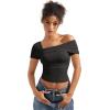 imageSUUKSESS Women One Off The Shoulder Summer Tank Tops Ruched Short Sleeve ShirtsBlack