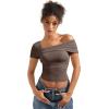 imageSUUKSESS Women One Off The Shoulder Summer Tank Tops Ruched Short Sleeve ShirtsBrown