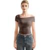 imageSUUKSESS Women One Off The Shoulder Summer Tank Tops Ruched Short Sleeve ShirtsBrown