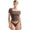 imageSUUKSESS Women One Off The Shoulder Summer Tank Tops Ruched Short Sleeve ShirtsBrown