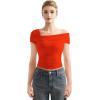 imageSUUKSESS Women One Off The Shoulder Summer Tank Tops Ruched Short Sleeve ShirtsRed