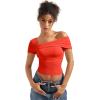 imageSUUKSESS Women One Off The Shoulder Summer Tank Tops Ruched Short Sleeve ShirtsRed