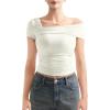 imageSUUKSESS Women One Off The Shoulder Summer Tank Tops Ruched Short Sleeve ShirtsWhite