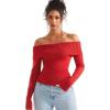 imageSUUKSESS Women Off Shoulder Sweaters Long Sleeve Ribbed Knit Going Out Fall Tops BlouseRed Brown