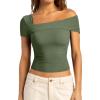 imageSUUKSESS Women One Off The Shoulder Summer Tank Tops Ruched Short Sleeve Shirts1 Army Green