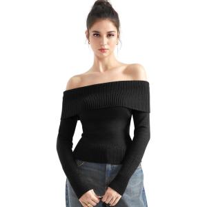 imageSUUKSESS Women Off Shoulder Sweaters Long Sleeve Ribbed Knit Going Out Fall Tops BlouseBlack