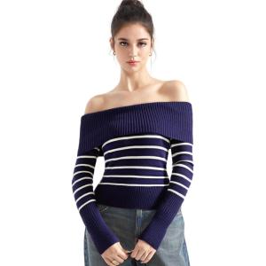 imageSUUKSESS Women Off Shoulder Sweaters Long Sleeve Ribbed Knit Going Out Fall Tops BlouseBlue White