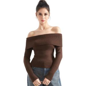 imageSUUKSESS Women Off Shoulder Sweaters Long Sleeve Ribbed Knit Going Out Fall Tops BlouseBrown Red