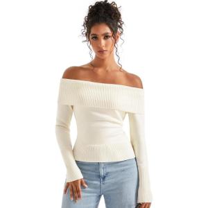 imageSUUKSESS Women Off Shoulder Sweaters Long Sleeve Ribbed Knit Going Out Fall Tops BlouseCream White