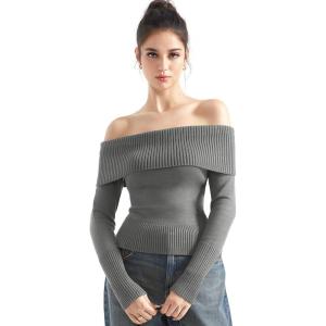imageSUUKSESS Women Off Shoulder Sweaters Long Sleeve Ribbed Knit Going Out Fall Tops BlouseHemp Gray